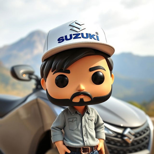 A Funko Pop figure of a 30-year-old man with black hair wearing a hat featuring the Suzuki logo