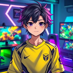 A handsome anime boy dressed as a pro gamer, wearing a vibrant jersey featuring a stylish design