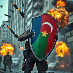 A faceless figure standing bravely, holding a shield that protects the modern citizens of a country from incoming grenades and rockets