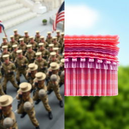 A digital art piece depicting a split image: one half showcasing a parade of soldiers in uniform, organized in a dynamic and rhythmic formation, representing strength and unity