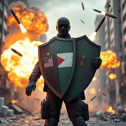 A faceless figure standing bravely, holding a shield that protects the modern citizens of a country from incoming grenades and rockets