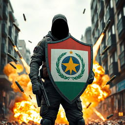 A faceless figure standing bravely, holding a shield that protects the modern citizens of a country from incoming grenades and rockets