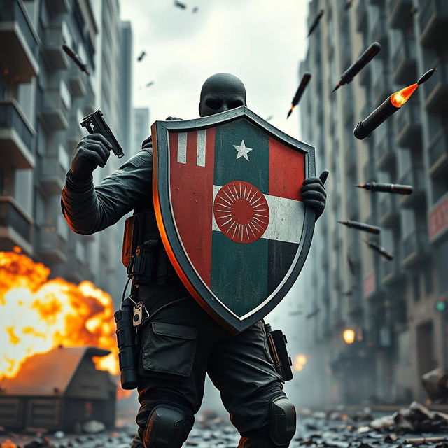 A faceless figure standing bravely, holding a shield that protects the modern citizens of a country from incoming grenades and rockets