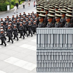 A digital art piece depicting a split image: one half showcasing a parade of soldiers in uniform, organized in a dynamic and rhythmic formation, representing strength and unity