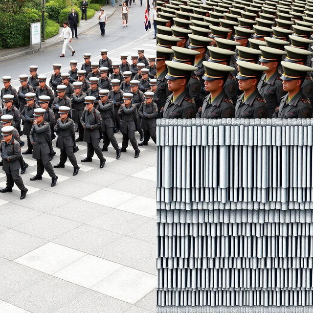 A digital art piece depicting a split image: one half showcasing a parade of soldiers in uniform, organized in a dynamic and rhythmic formation, representing strength and unity