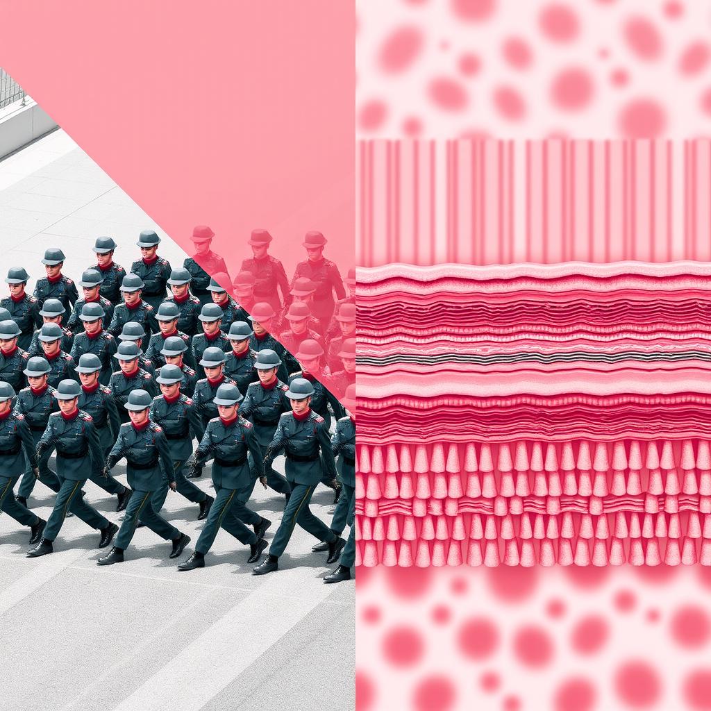 A digital art piece depicting a split image: one half showcasing a parade of soldiers in uniform, organized in a dynamic and rhythmic formation, representing strength and unity