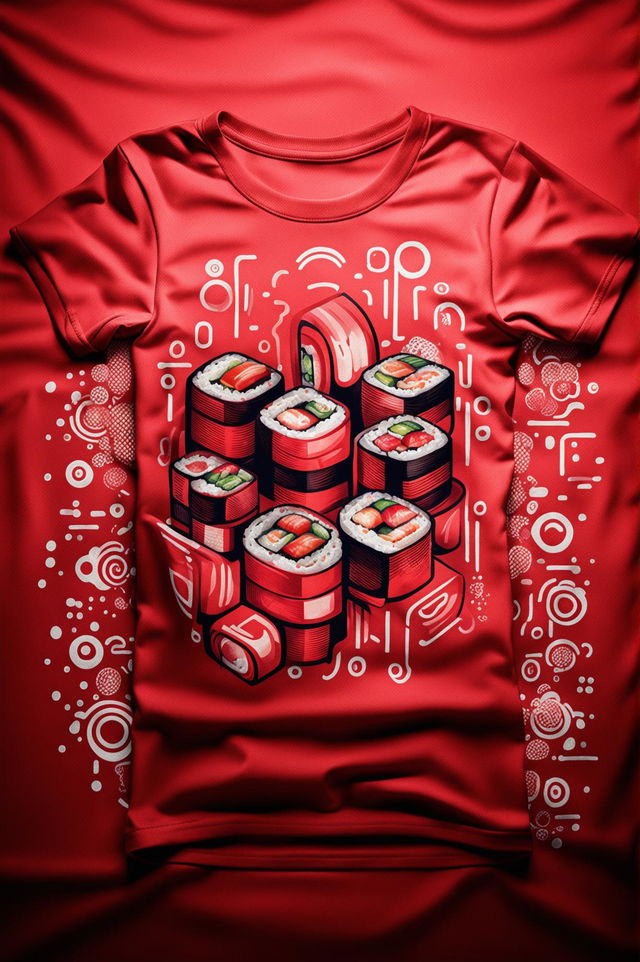 A high-quality digital art of a vibrant red graphic t-shirt featuring a white sushi print