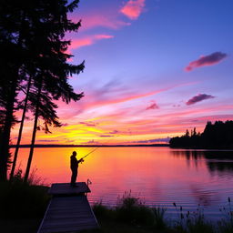 A serene sunset over a tranquil lake, with vibrant hues of orange, pink, and purple reflecting on the water's surface