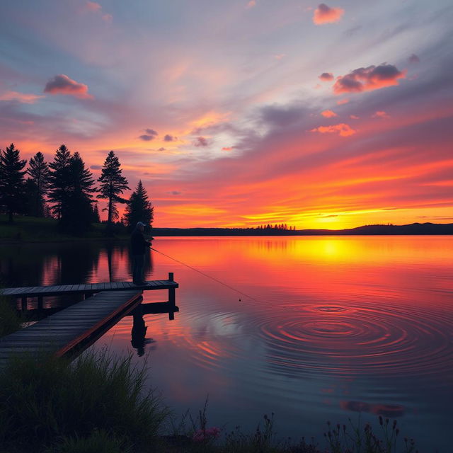 A serene sunset over a tranquil lake, with vibrant hues of orange, pink, and purple reflecting on the water's surface