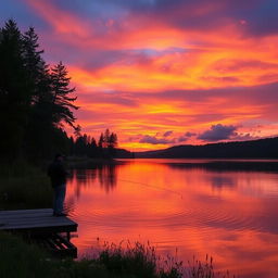 A serene sunset over a tranquil lake, with vibrant hues of orange, pink, and purple reflecting on the water's surface