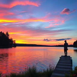 A serene sunset over a tranquil lake, with vibrant hues of orange, pink, and purple reflecting on the water's surface