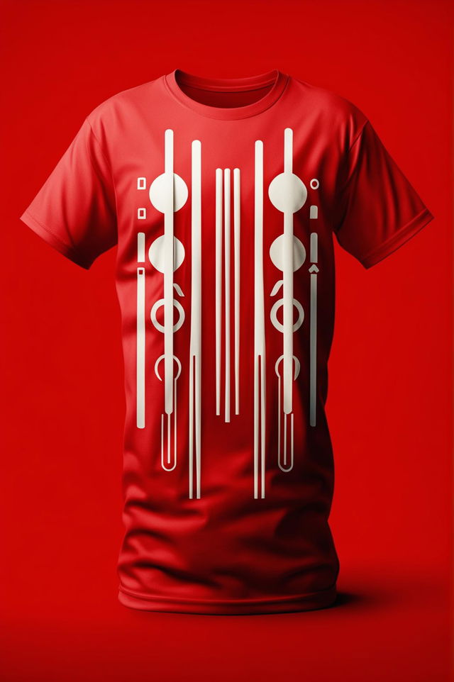 A high-quality digital art of a vibrant red graphic t-shirt featuring a white chopsticks print