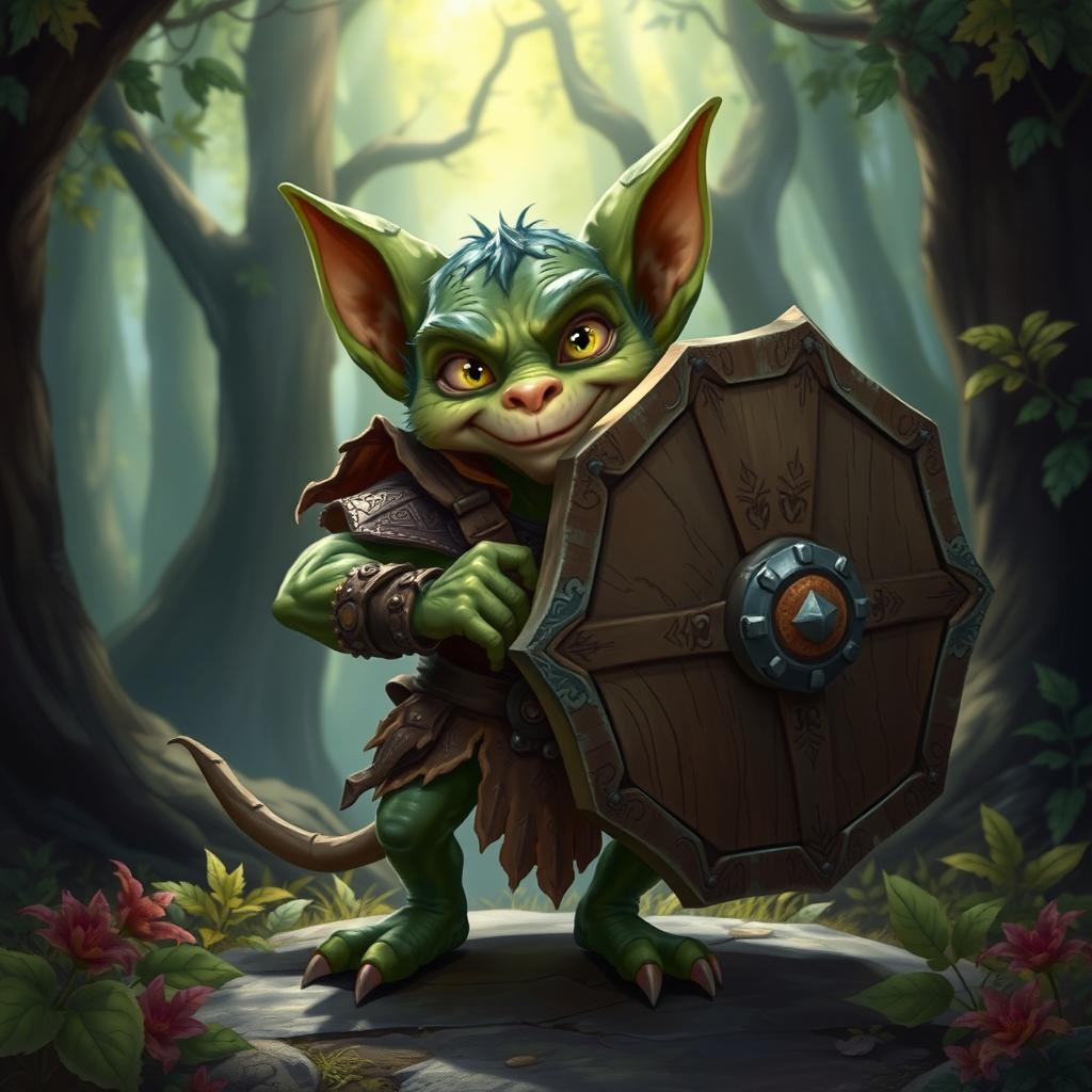 A 2-foot tall kobold character, depicted in a dynamic pose, confidently carrying a large, heavy shield