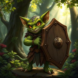 A 2-foot tall kobold character, depicted in a dynamic pose, confidently carrying a large, heavy shield