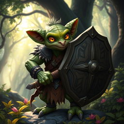A 2-foot tall kobold character, depicted in a dynamic pose, confidently carrying a large, heavy shield