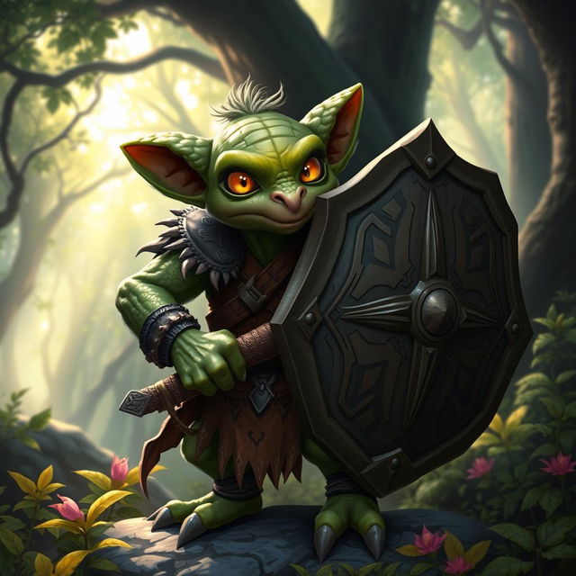 A 2-foot tall kobold character, depicted in a dynamic pose, confidently carrying a large, heavy shield