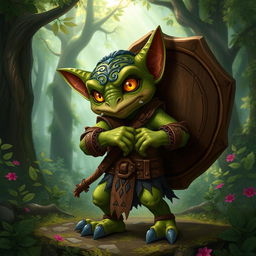 A 2-foot tall kobold character, depicted in a dynamic pose, confidently carrying a large, heavy shield