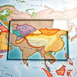 A large glass sheet positioned flat over a detailed and colorful map of Asia, showcasing the intricate designs, geographical features, and country borders of the continent