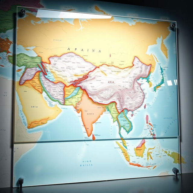 A large glass sheet positioned flat over a detailed and colorful map of Asia, showcasing the intricate designs, geographical features, and country borders of the continent