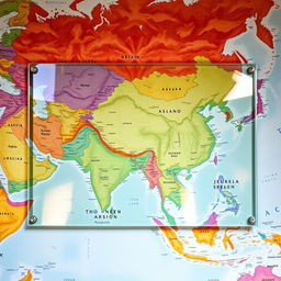 A large glass sheet positioned flat over a detailed and colorful map of Asia, showcasing the intricate designs, geographical features, and country borders of the continent