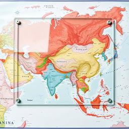 A large glass sheet positioned flat over a detailed and colorful map of Asia, showcasing the intricate designs, geographical features, and country borders of the continent