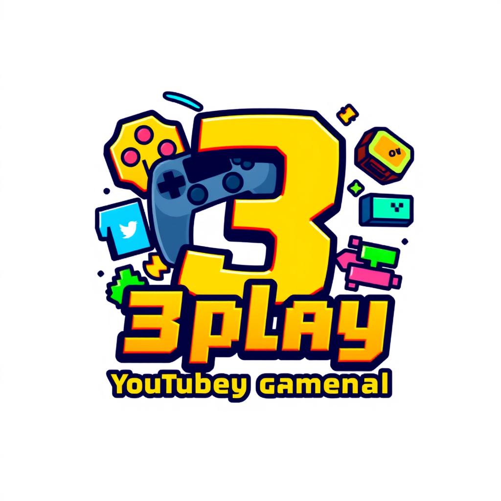A logo for a YouTube gameplay channel named '3play', designed in vibrant pixel art style