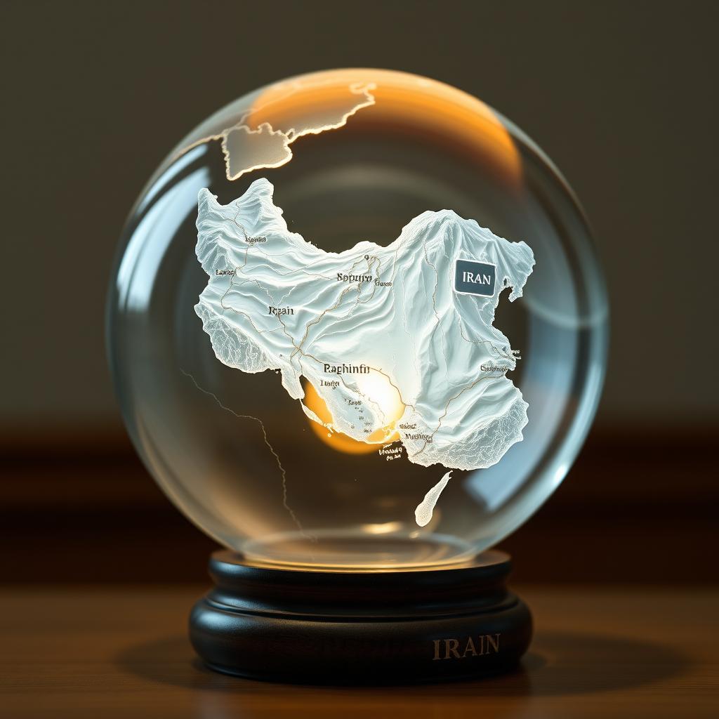 A beautifully crafted glass globe with a prominent raised relief design of the map of Iran