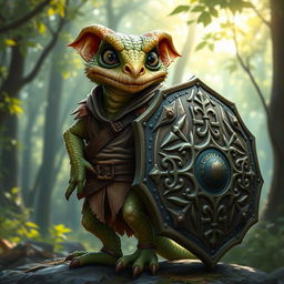A 2-foot tall Kobold, featuring distinctive reptilian traits such as scaly skin and large expressive eyes, is depicted in a dynamic pose while carrying a large, ornate tower shield
