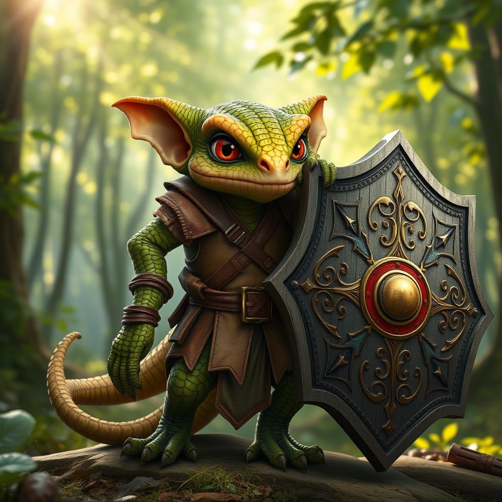 A 2-foot tall Kobold, featuring distinctive reptilian traits such as scaly skin and large expressive eyes, is depicted in a dynamic pose while carrying a large, ornate tower shield