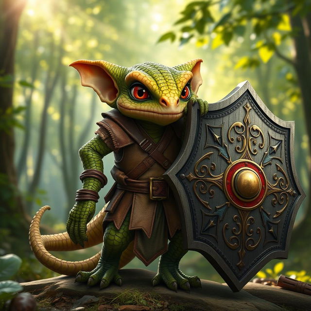 A 2-foot tall Kobold, featuring distinctive reptilian traits such as scaly skin and large expressive eyes, is depicted in a dynamic pose while carrying a large, ornate tower shield
