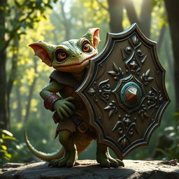 A 2-foot tall Kobold, featuring distinctive reptilian traits such as scaly skin and large expressive eyes, is depicted in a dynamic pose while carrying a large, ornate tower shield