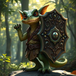 A 2-foot tall Kobold, featuring distinctive reptilian traits such as scaly skin and large expressive eyes, is depicted in a dynamic pose while carrying a large, ornate tower shield