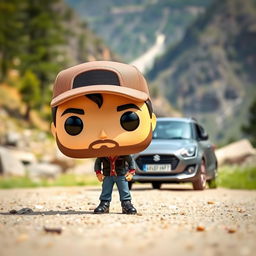 A Funko Pop figure of a 30-year-old man with black hair wearing a cap and a soft beard