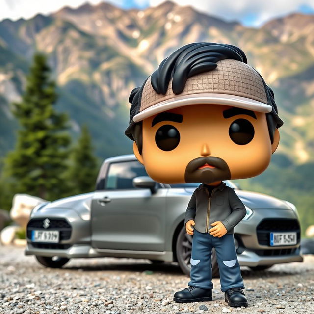 A Funko Pop figure of a 30-year-old man with black hair wearing a cap and a soft beard