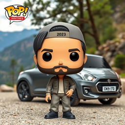 A Funko Pop figure of a 30-year-old man with black hair wearing a cap and a soft beard