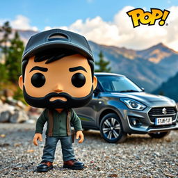 A Funko Pop figure of a 30-year-old man with black hair wearing a cap and a soft beard
