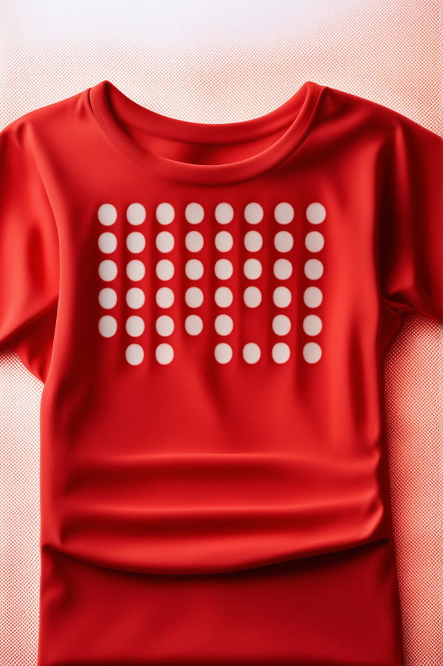 A high-resolution image of a vibrant red graphic t-shirt with a minimalistic white dot print