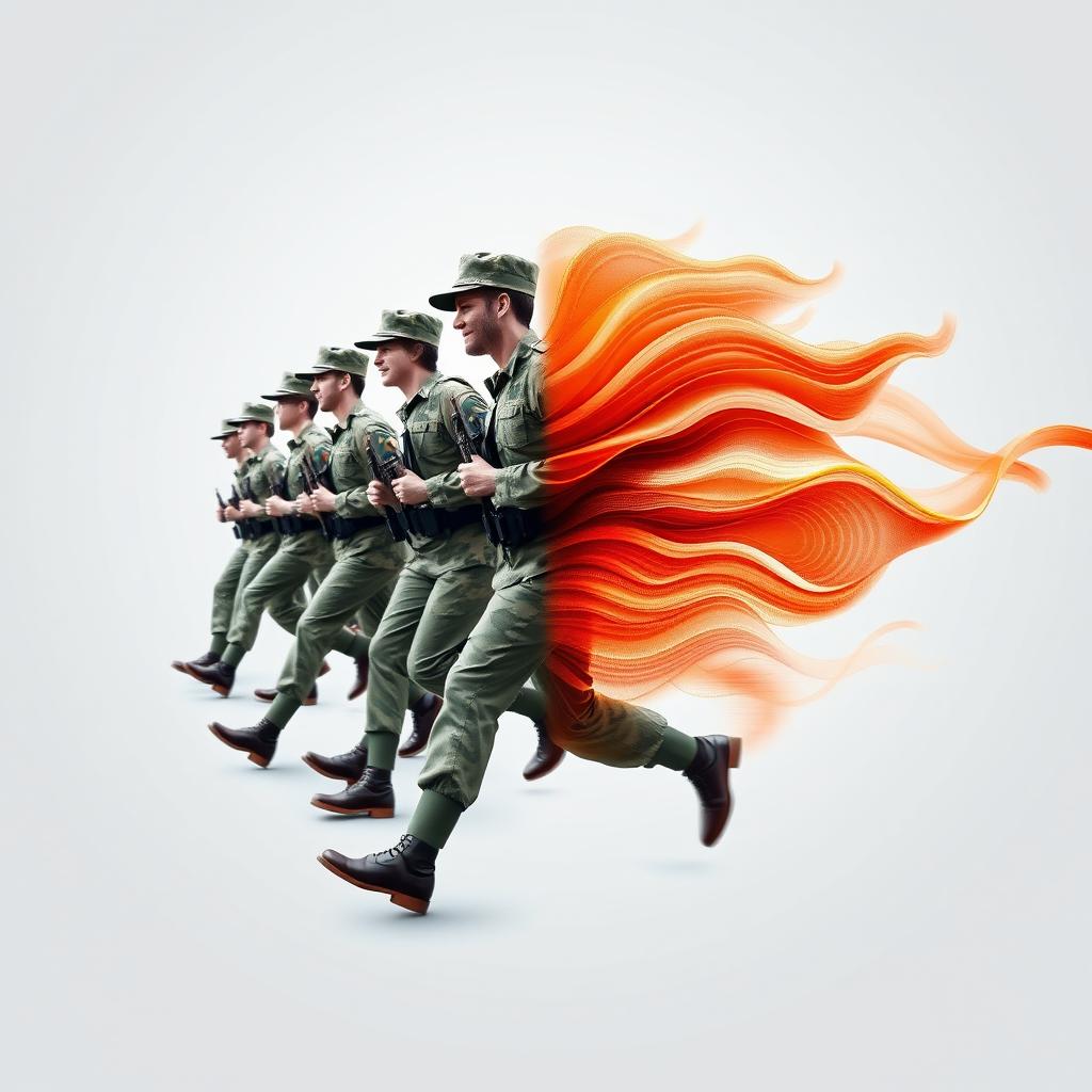 A dynamic digital art piece that captures motion in a split image: one half showcases a lively parade of soldiers, marching energetically in unison with a sense of movement and rhythm, their boots striking the ground in a synchronized display of discipline