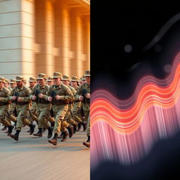 A dynamic digital art piece that captures motion in a split image: one half showcases a lively parade of soldiers, marching energetically in unison with a sense of movement and rhythm, their boots striking the ground in a synchronized display of discipline