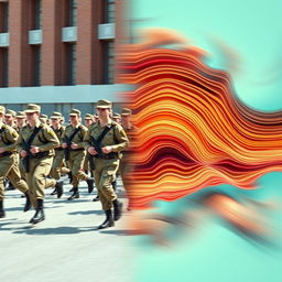 A dynamic digital art piece that captures motion in a split image: one half showcases a lively parade of soldiers, marching energetically in unison with a sense of movement and rhythm, their boots striking the ground in a synchronized display of discipline
