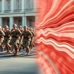 A dynamic digital art piece that captures motion in a split image: one half showcases a lively parade of soldiers, marching energetically in unison with a sense of movement and rhythm, their boots striking the ground in a synchronized display of discipline