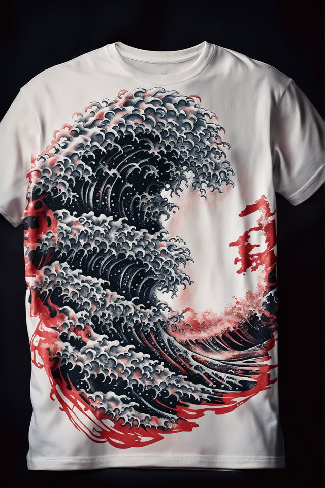 A high-quality image of a white graphic t-shirt featuring a striking red ocean print