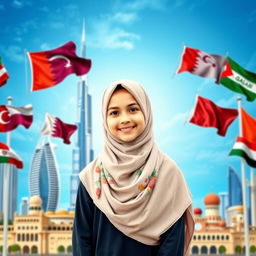 A Muslim girl wearing a beautifully designed hijab, standing confidently in front of a stunning skyline that incorporates iconic elements of Dubai, Qatar, Bahrain, Saudi Arabia, Beirut, and Jordan
