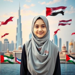 A Muslim girl wearing a beautifully designed hijab, standing confidently in front of a stunning skyline that incorporates iconic elements of Dubai, Qatar, Bahrain, Saudi Arabia, Beirut, and Jordan