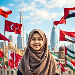 A Muslim girl wearing a beautifully designed hijab, standing confidently in front of a stunning skyline that incorporates iconic elements of Dubai, Qatar, Bahrain, Saudi Arabia, Beirut, and Jordan