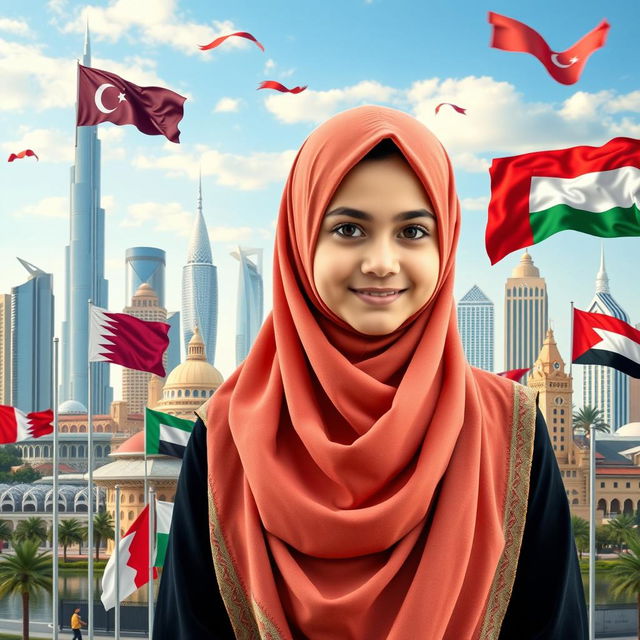 A Muslim girl wearing a beautifully designed hijab, standing confidently in front of a stunning skyline that incorporates iconic elements of Dubai, Qatar, Bahrain, Saudi Arabia, Beirut, and Jordan