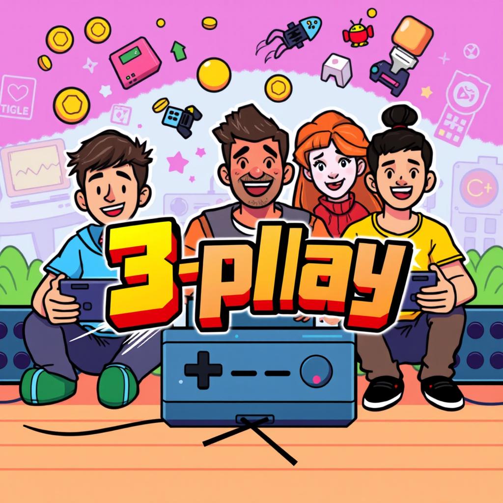 A vibrant and colorful pixel art style illustration for a YouTube gameplay channel named '3play'