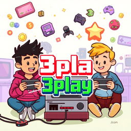 A vibrant and colorful pixel art style illustration for a YouTube gameplay channel named '3play'