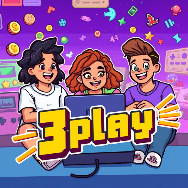 A vibrant and colorful pixel art style illustration for a YouTube gameplay channel named '3play'