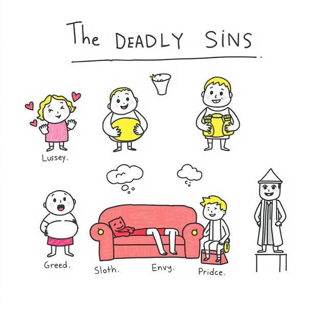 A basic yet expressive drawing illustrating the Seven Deadly Sins as interpreted by St